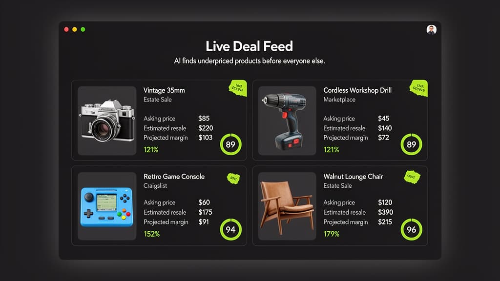 DealScout dashboard showing AI-flagged undervalued secondhand listings with estimated resale value and ROI.